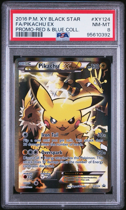 2016 POKEMON XY BLACK STAR PROMO RED & BLUE COLL FULL ART/PIKACHU EX PSA 8